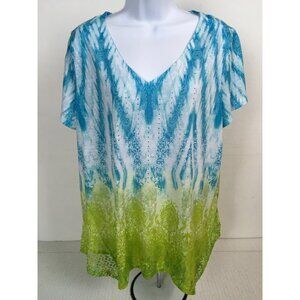 Time And Tru Womens Top Size XL 16 18 Blue Green Tie Dye Lace On Sides Sequins